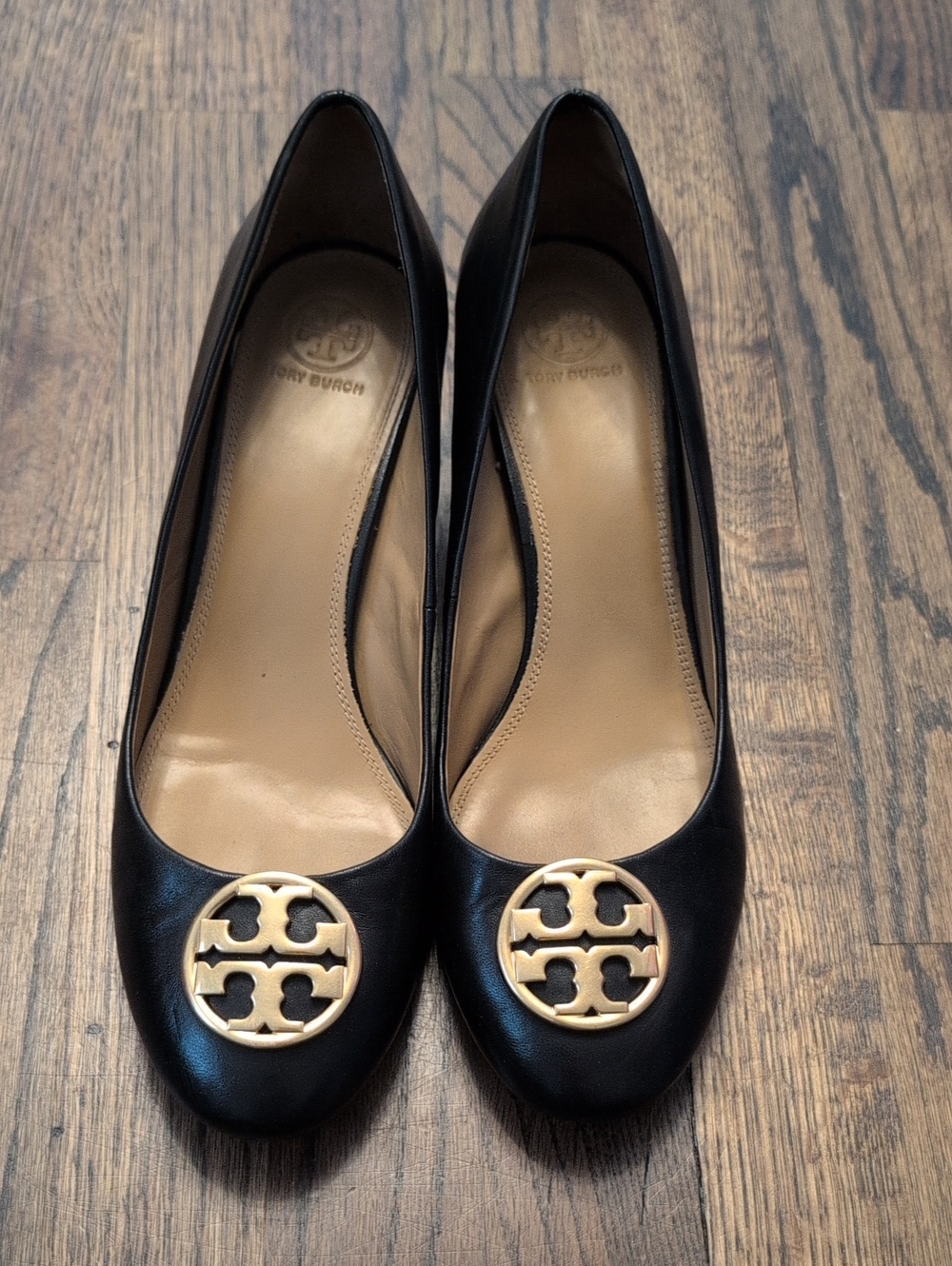 Tory Burch Black Leather Wedges with Gold Emblem